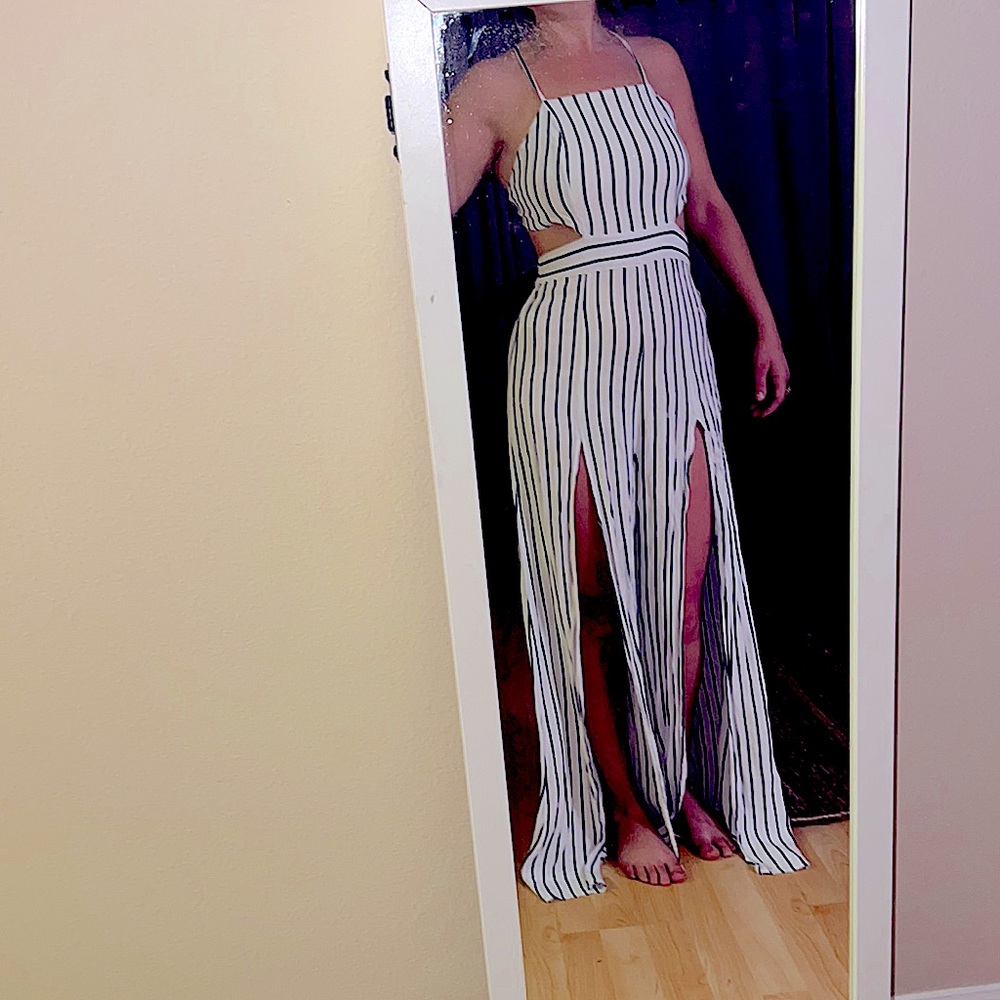 Skylar + Madison | Striped Jumpsuit with open back and slit open legs
